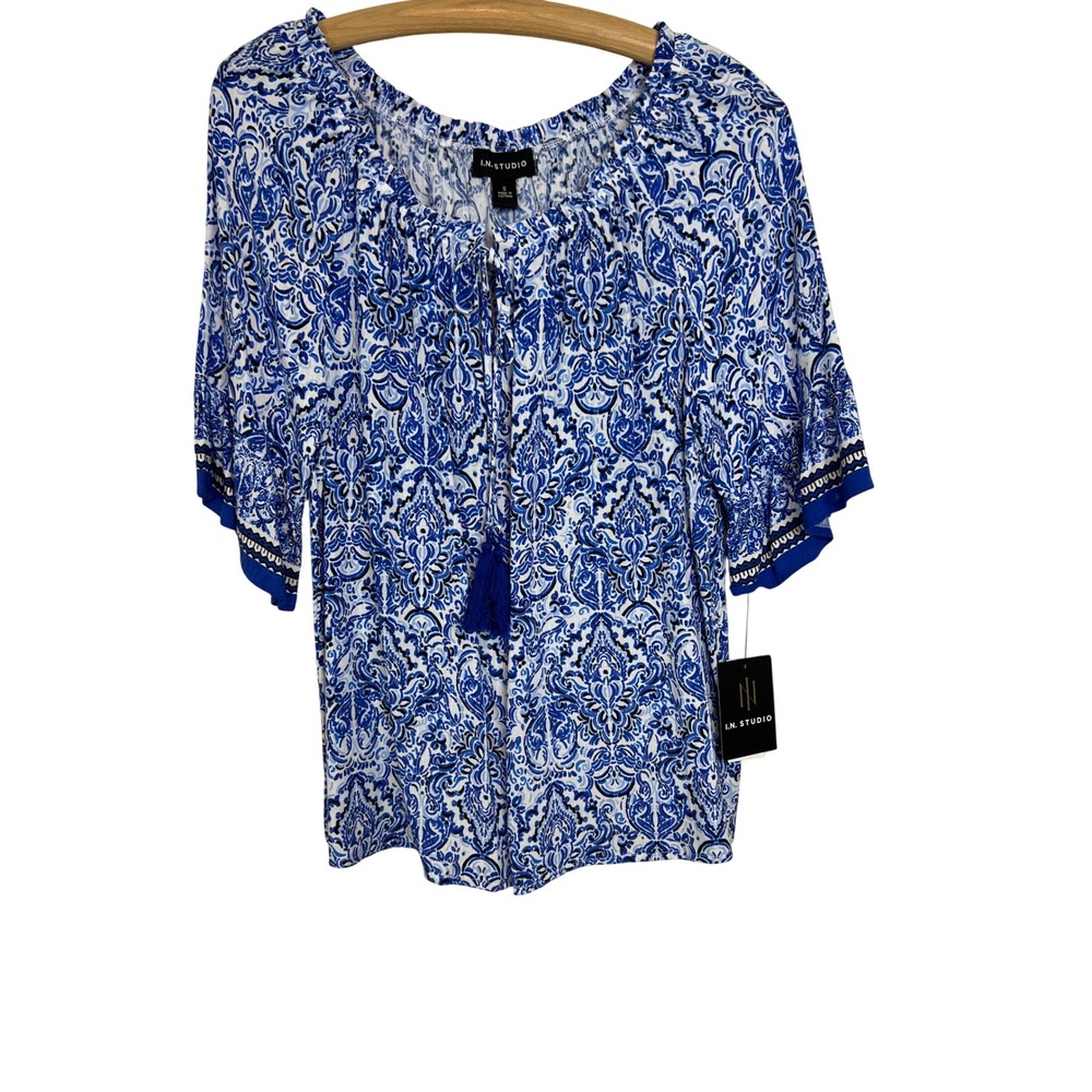 I.N.‎ Studio Top Women Small Blue Paisley Tassel Peasant Blouse 0486U60 Boho A26